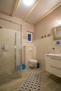 a bathroom with a shower and a toilet and a sink at Apartments Mardešić in Komiža