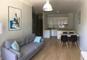 salon z kanapą i kuchnią w obiekcie Apartament Słoneczny Dwie Sosny w mieście Ustronie Morskie