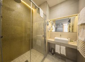 
a bathroom with a shower, sink, and mirror at Hotel President in Budapest
