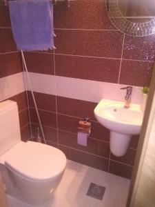 łazienka z toaletą i umywalką w obiekcie Apart Oggie w mieście Skopje