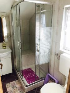 特孔的住宿－Apartmani Bruna，浴室里设有玻璃门淋浴