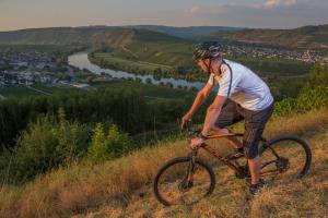 Ein Mann, der auf einem Hügel Fahrrad fährt in der Unterkunft Eurostrand Resort Moseltal in Leiwen