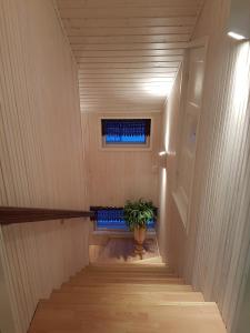 a staircase with a potted plant in a room at Koskentien kotimajoitus in Jämsä