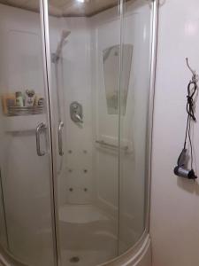 um chuveiro com uma porta de vidro na casa de banho em Koskentien kotimajoitus em Jämsä