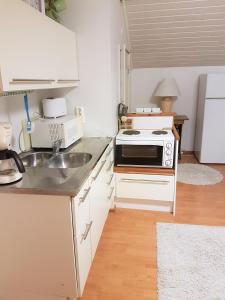 a kitchen with a sink and a stove top oven at Koskentien kotimajoitus & Luxury Glamping in Jämsä