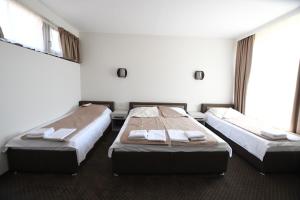 two beds in a room with two windows at Atrijum Apartments and Rooms in Kladovo