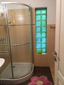 a bathroom with a shower and a sink and a window at Residence at lake Balaton in Siófok +47 photos