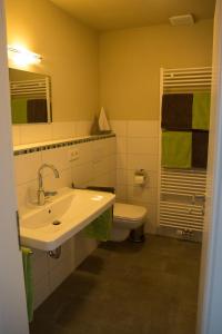 クレフにあるFerienwohnung Sonnendeckのバスルーム(洗面台、トイレ、鏡付)
