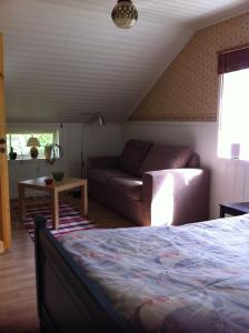 een woonkamer met een bed en een bank bij Älvbacken in Västerlanda