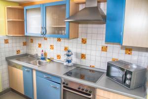 eine Küche mit blauen Schränken, einer Spüle und einer Mikrowelle in der Unterkunft Ferien- und Monteurwohnung in Wohnbach in Wölfersheim