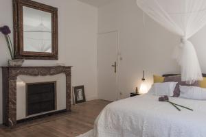 - une chambre avec un lit, une cheminée et un miroir dans l'établissement Appartements Avignon Centre, à Avignon