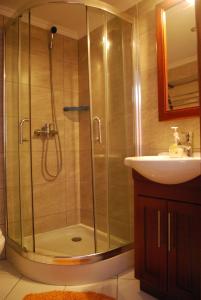 a bathroom with a shower and a sink at Casa do Terreiro in Caminho de Cima