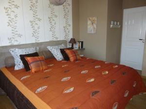een slaapkamer met een groot bed en een oranje dekbed bij Maison de Charme de La Biette in Bayenghem-lès-Seninghem
