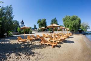 a row of chairs and umbrellas on a beach at Mayak Resort in Kam”yani Potoky