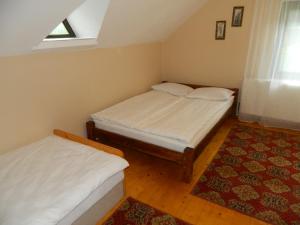 a bedroom with two beds and a rug at Cabana Florea in Râu de Mori