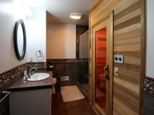a bathroom with a sink and a shower at Home Away from Home in North Hero