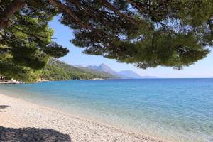 a view of a beach with mountains in the background at Mobile homes Dole in Živogošće