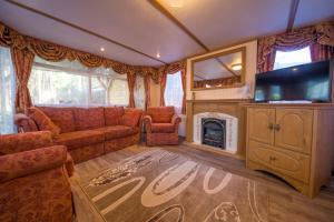 a living room with a couch and a tv and a fireplace at Domek Promyk in Jurata