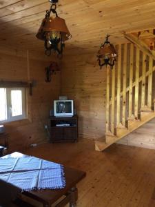 a living room of a log cabin with a tv at Domki nad Soliną in Olchowiec