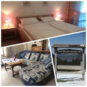 2 Bilder eines Schlafzimmers mit einem Bett und einem Tisch in der Unterkunft Ferienwohnung Karl - direkt im Ski- und Wandergebiet Spitzingsee in Spitzingsee