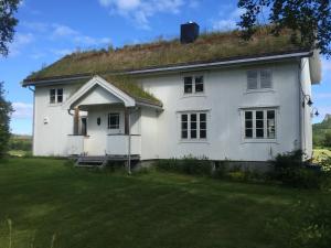 a white house with a grass roof at Steigen Lodge Villa Vaag in Steigen