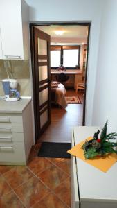 a kitchen with a door open to a living room at Di-Ana in Sibiu