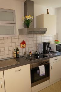 a kitchen with a stove and a microwave at Ferienwohnung-Jungbauernhof in Alpirsbach