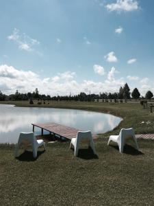 a picnic table and two chairs in front of a lake at Svečių namai Kaimelis in Priekulė