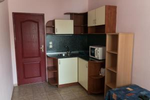 a small kitchen with a sink and a microwave at Sea House Guest House in Nesebar