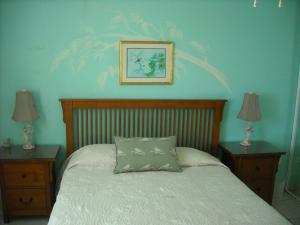 ein Schlafzimmer mit einem Bett mit zwei Nachttischen und zwei Lampen in der Unterkunft Ocean View Apartment in Rio Grande