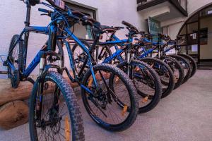 una fila di biciclette blu parcheggiate accanto a un edificio di 1A Adventure Hostel a Lesce