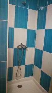 y baño con ducha y azulejos azules y blancos. en Apartamentos Ferpa, en Valle Gran Rey