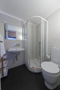 ein Bad mit einer Dusche, einem WC und einem Waschbecken in der Unterkunft Antiga Casa do Boi in Viseu