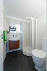 un bagno con doccia, WC e lavandino di Antiga "Casa do Porco" a Viseu