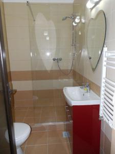 ママイアにあるIarina Miraj Deluxe Apartmentsのバスルーム(シャワー、トイレ、シンク付)
