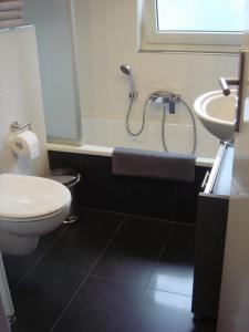 a bathroom with a shower and a toilet and a sink at Ferien- Messewohnung nähe Köln-Messe Flughafen Bonn in Rösrath