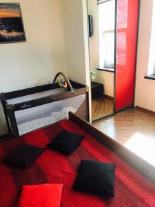 a room with a bed and a red carpet at Liepāja Apartments in Liepāja