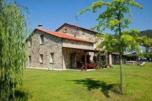 ein altes Steinhaus mit einem Baum im Hof in der Unterkunft Il Nido nella Bionda in Brugnato