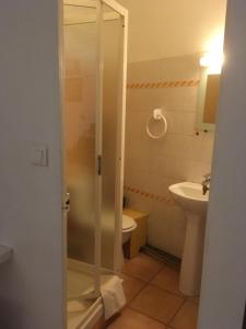 a bathroom with a shower and a toilet and a sink at Villa Cemaste in Montpellier