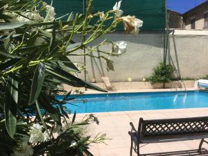 a swimming pool with a bench and plants next to it at Villa Cemaste in Montpellier