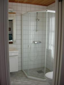 a bathroom with a glass shower with a toilet at Nedre Berg Gard in Lillehammer