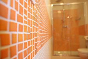a bathroom with a shower and a tiled wall at Agriturismo Poggio al Sasso in Blera