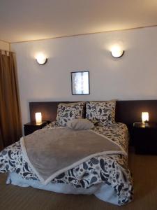 a bedroom with a bed with two lights on the wall at Epi-Centre in Préaux