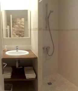 a bathroom with a sink and a shower at Studio lumineux Paris centre - Chatelet in Paris