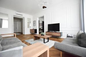 a living room with a couch and a flat screen tv at Luxury Apartment by Hi5 - Szervita Suite in Budapest