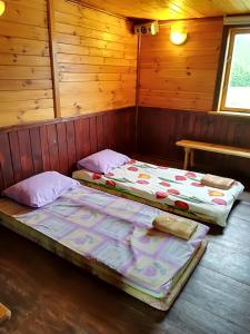 two beds sitting inside of a wooden cabin at Pie Ozola in Repši