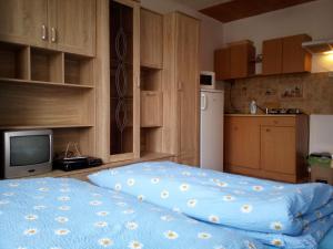 a bedroom with a bed and a small kitchen at U Janečků in Teplice nad Metují