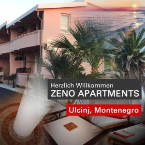 um sinal para um hotel com um edifício e uma palmeira em Familien Apartment Zeno em Ulcinj