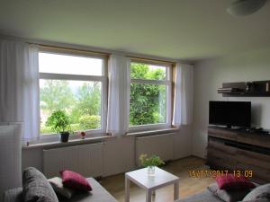 - un salon avec deux fenêtres et un canapé dans l'établissement Ferienwohnung Apartement am Wolfsberg, à Reinhardtsdorf