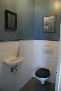 een badkamer met een zwart toilet en een wastafel bij Hoeve Suydeinde in Aarlanderveen